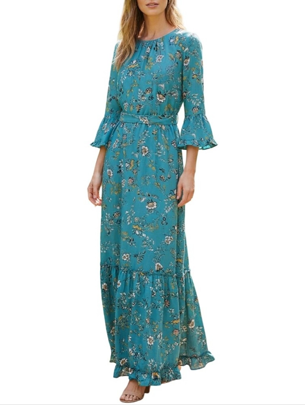 Calvin Klein Teal Floral Maxi Dress with Tie Waist Size Small